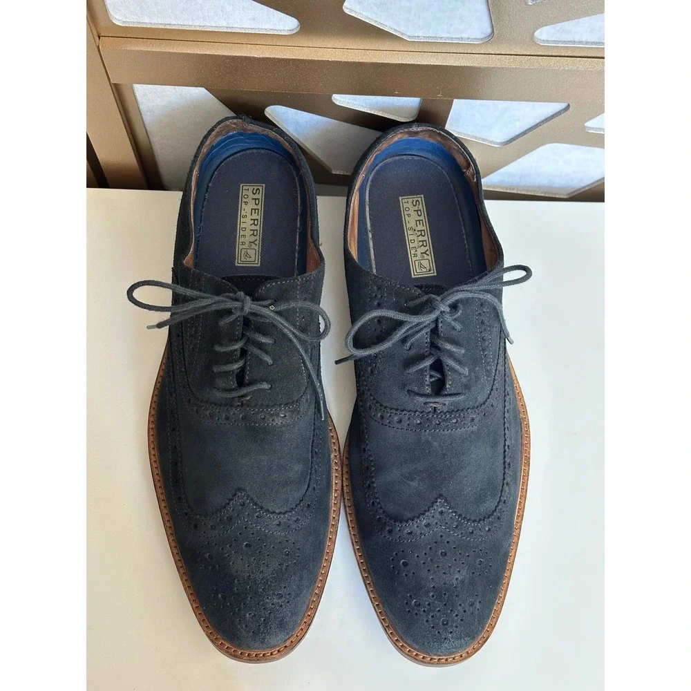 Sperry Top-Sider Morgan Mens 13 Navy Blue Suede Wingtip Oxford Brogue Shoes